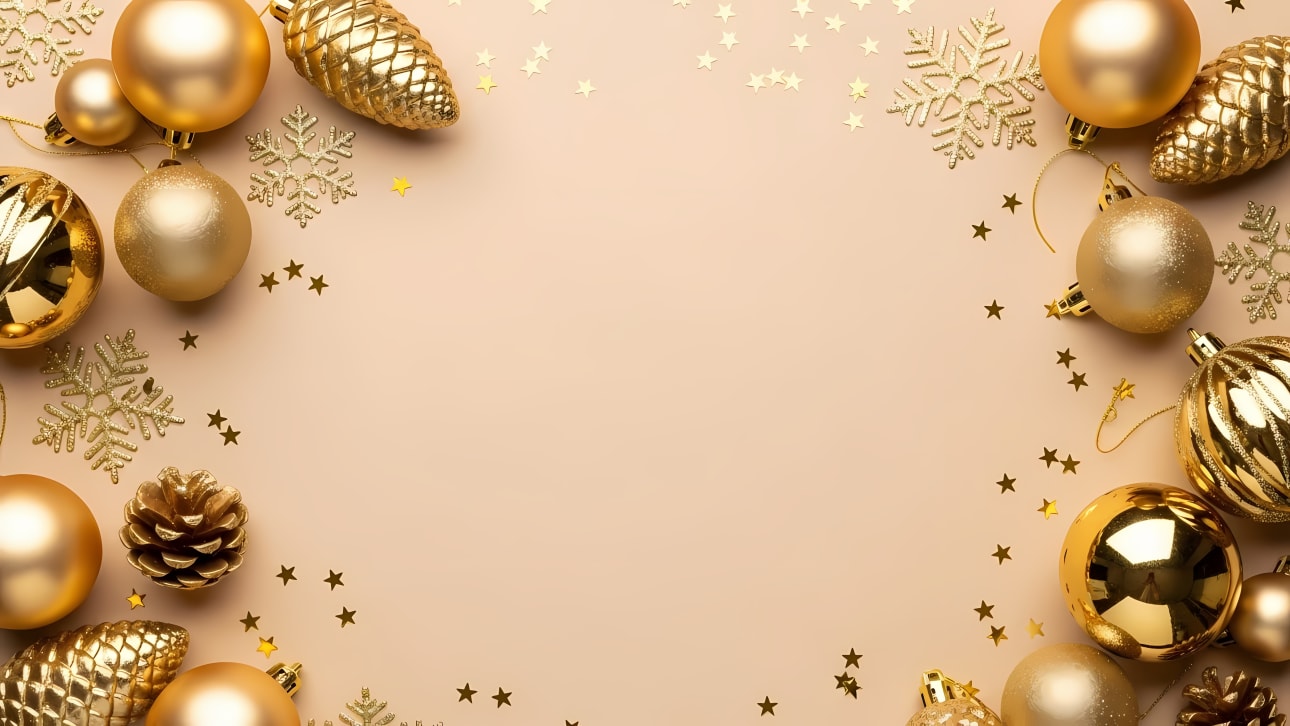Discover a luxurious golden Christmas ornament frame on a soft beige background, perfect for holiday greetings, promotions, or festive designs.