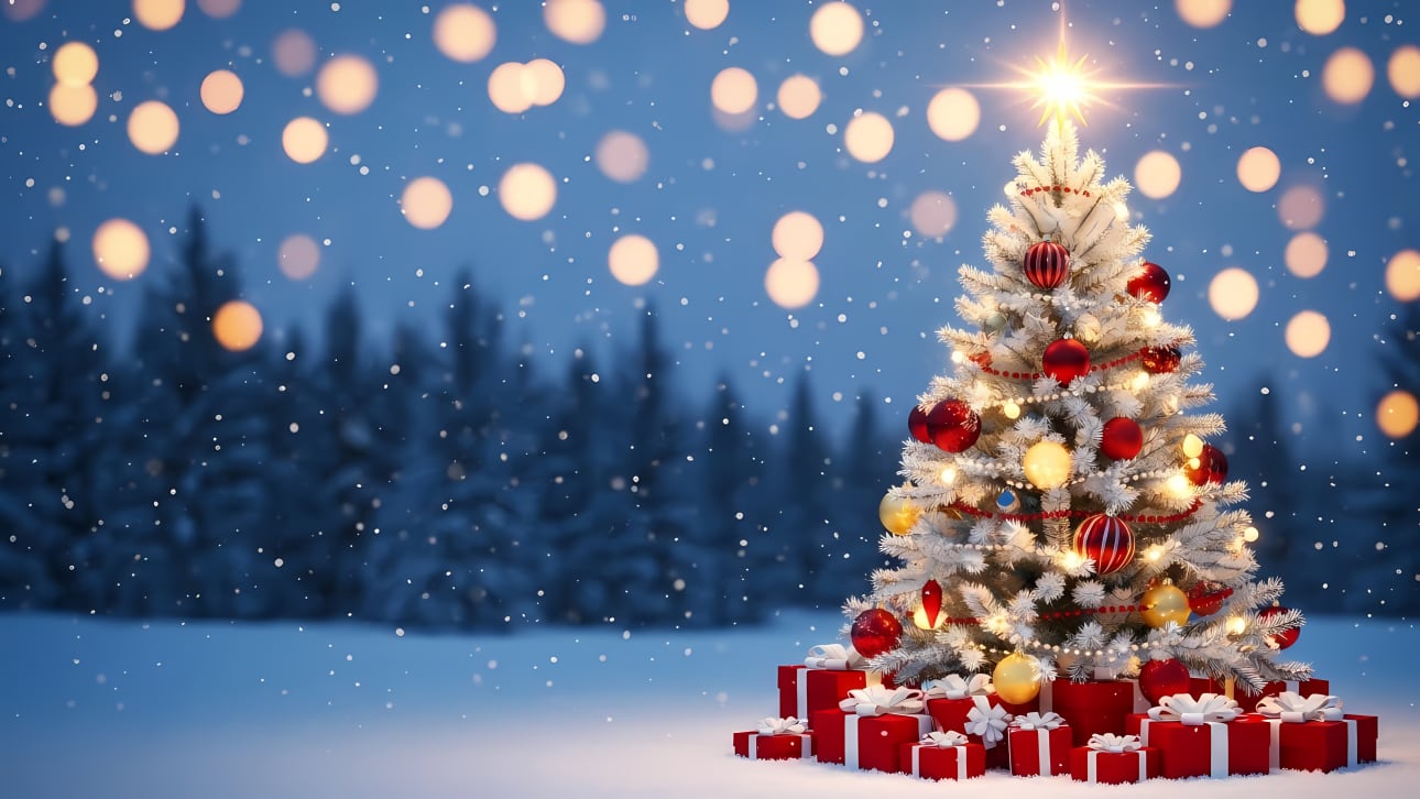 Capture the magic of winter holidays with this stunning Free Vector image featuring a decorated Christmas tree, glowing gifts, falling snow, and 