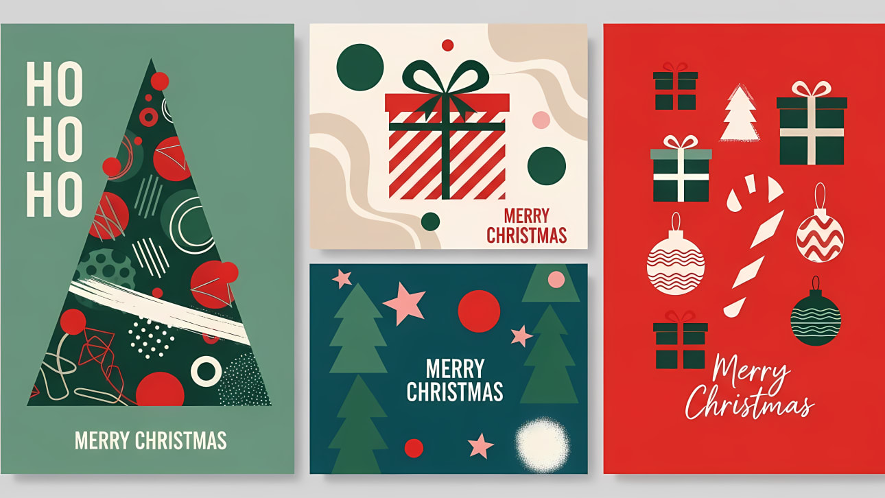 Download this versatile collection of modern Christmas vector cards featuring gift boxes, trees, and festive greetings.