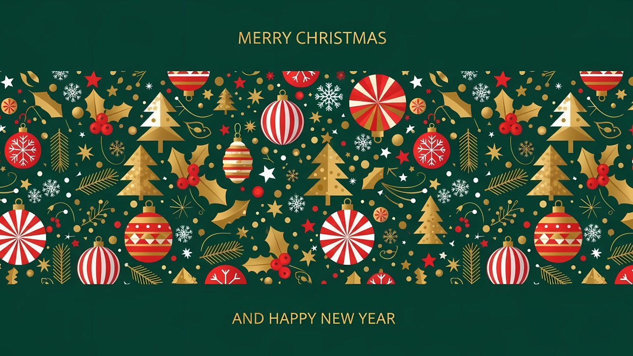 Elegant Christmas and New Year vector banner on dark green. Features festive gold, red, and white ornaments, trees, and holly.