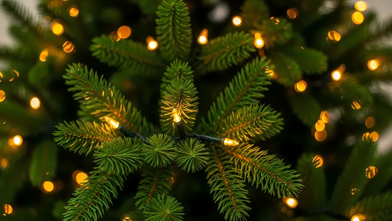 Download this free vector of a Christmas tree branch adorned with sparkling lights and soft bokeh.