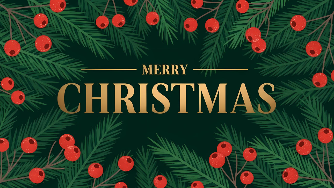Download this festive Merry Christmas vector featuring elegant golden text framed by pine branches and red berries.