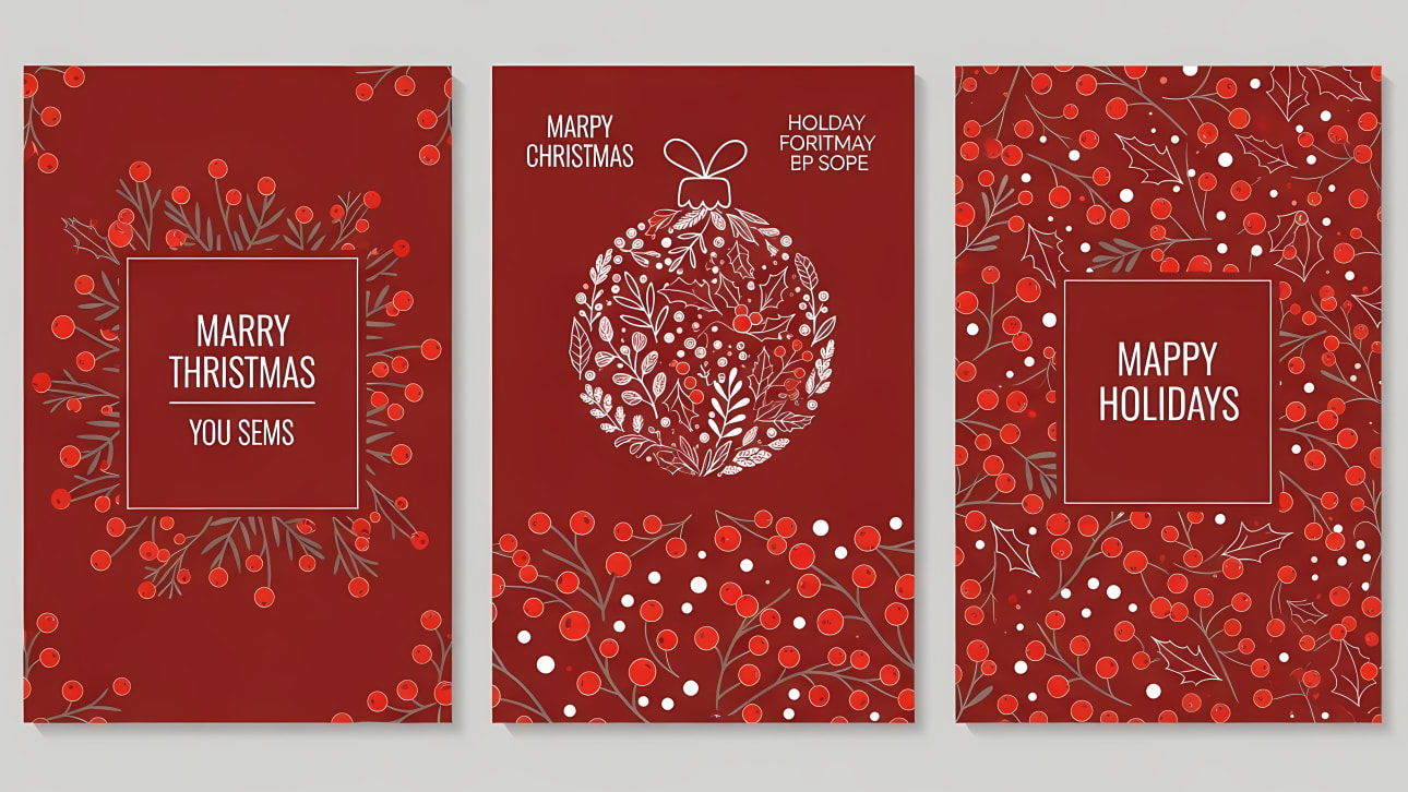 Download a set of three festive holiday cards featuring elegant red berries and holly on a rich red background. Perfect for Christmas greetings.