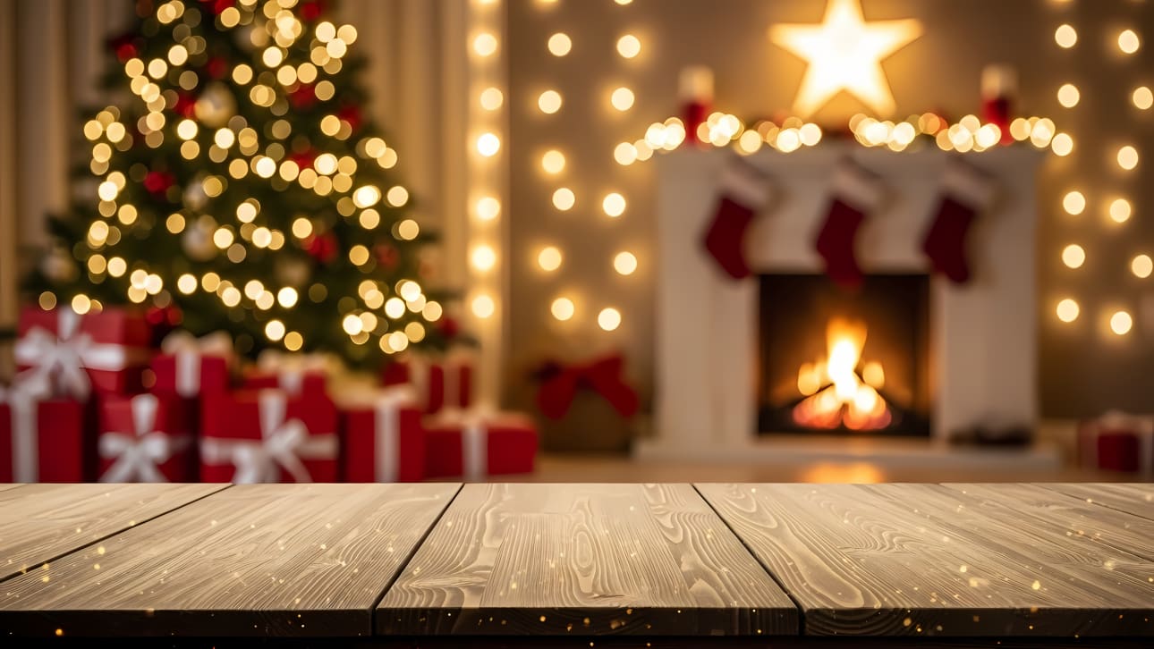 Cozy Christmas scene with a wooden table foreground, perfect for product display. Blurred tree, fireplace, and gifts in background.