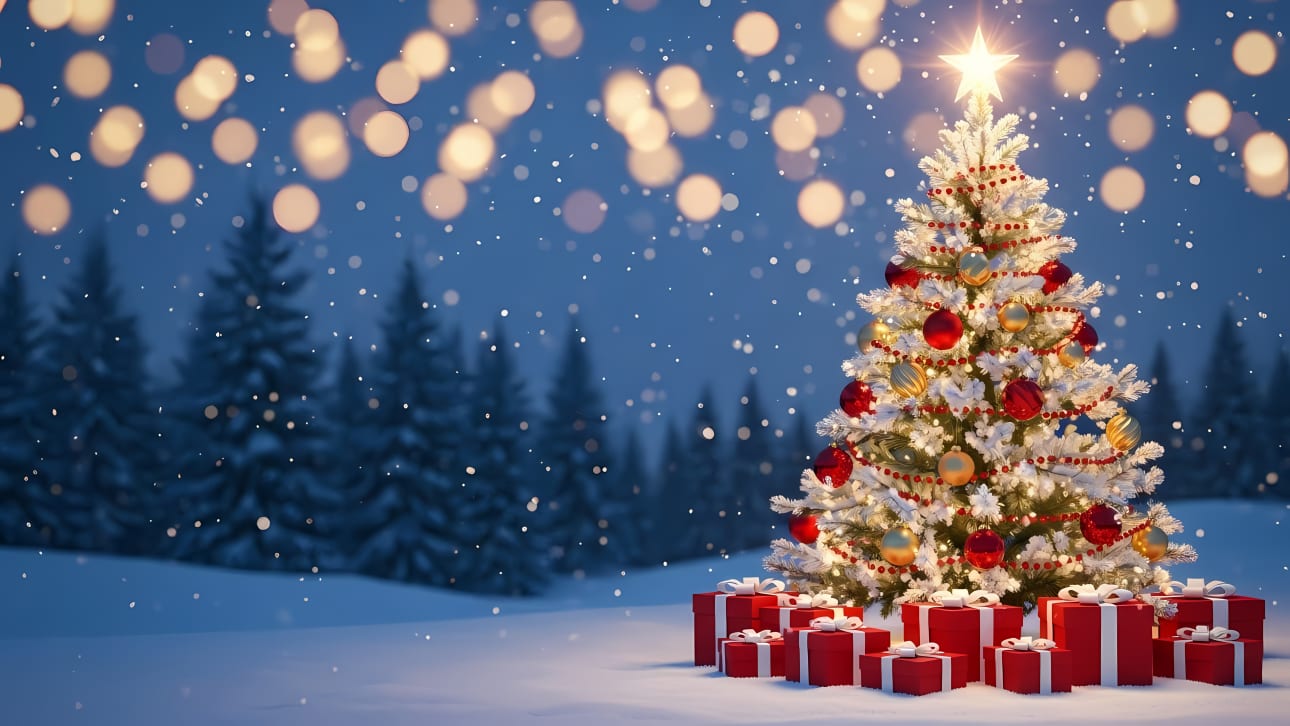 Download this enchanting free vector of a decorated Christmas tree with gifts in a snowy winter landscape.