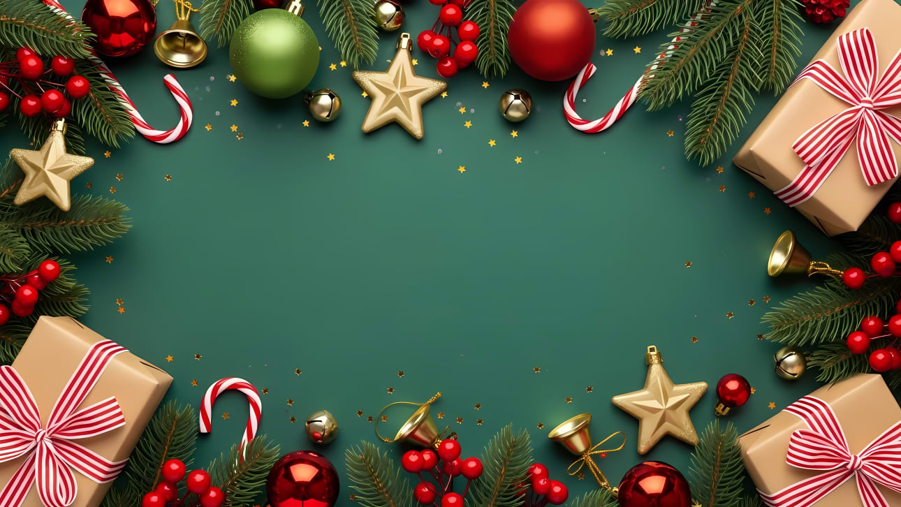 Festive Christmas holiday frame with pine branches, ornaments, berries, and gift boxes on a deep green background.