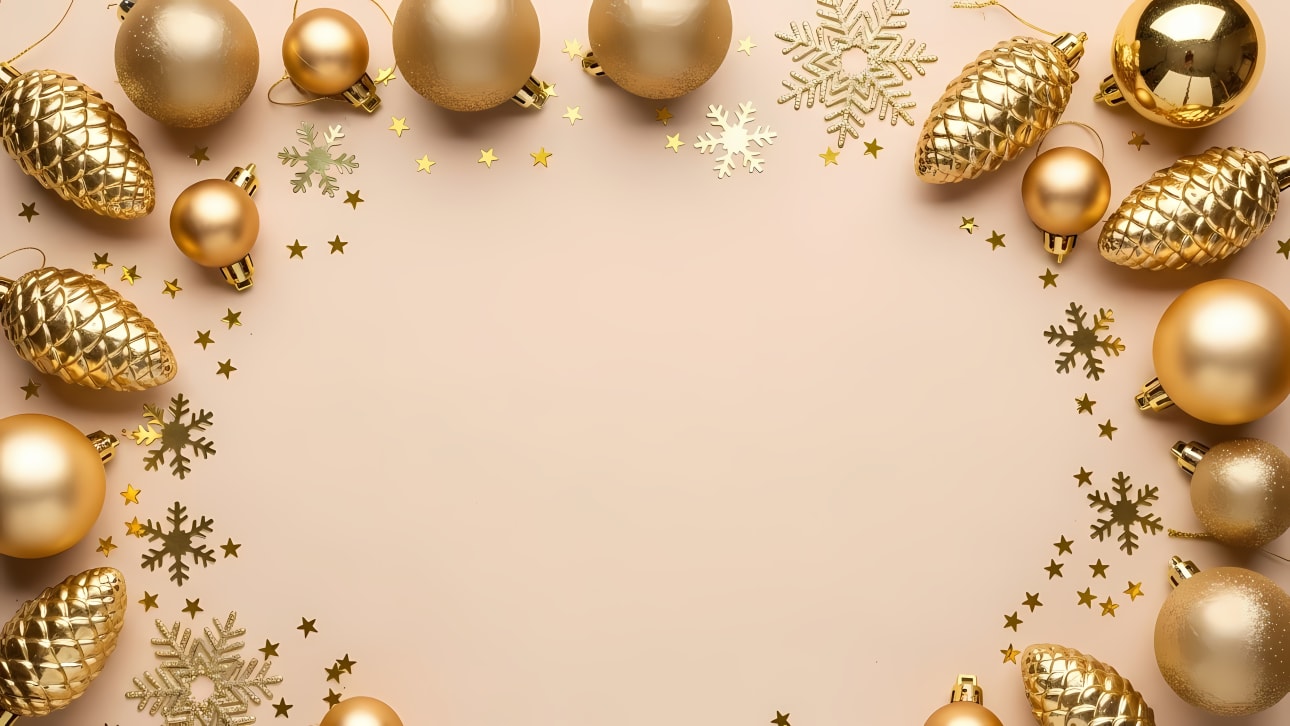 A luxurious golden Christmas frame with festive ornaments, snowflakes, and stars on a beige background.