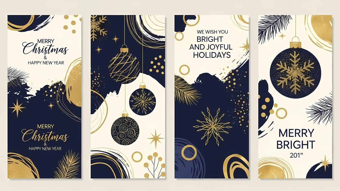 Elegant set of four Christmas and New Year banners featuring gold and navy accents, snowflakes, and festive ornaments.