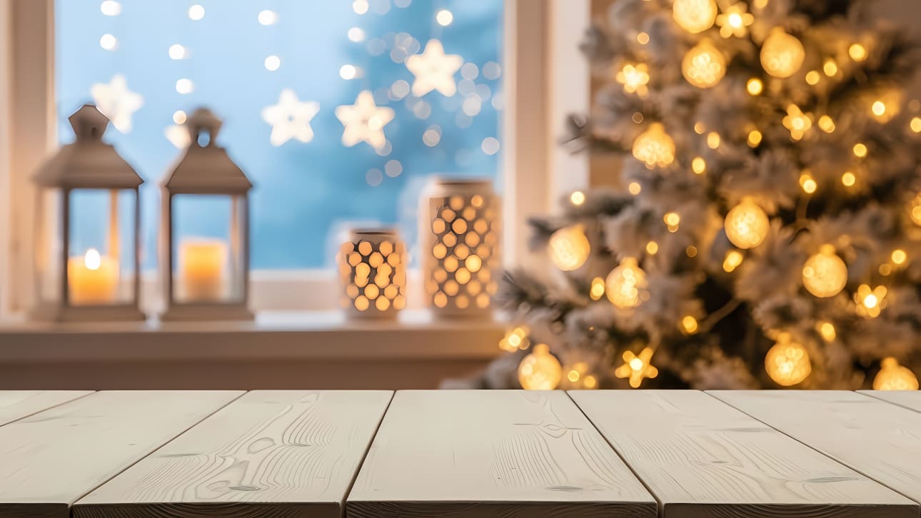 Cozy wooden table background with blurred Christmas tree lights, glowing lanterns, and star bokeh.