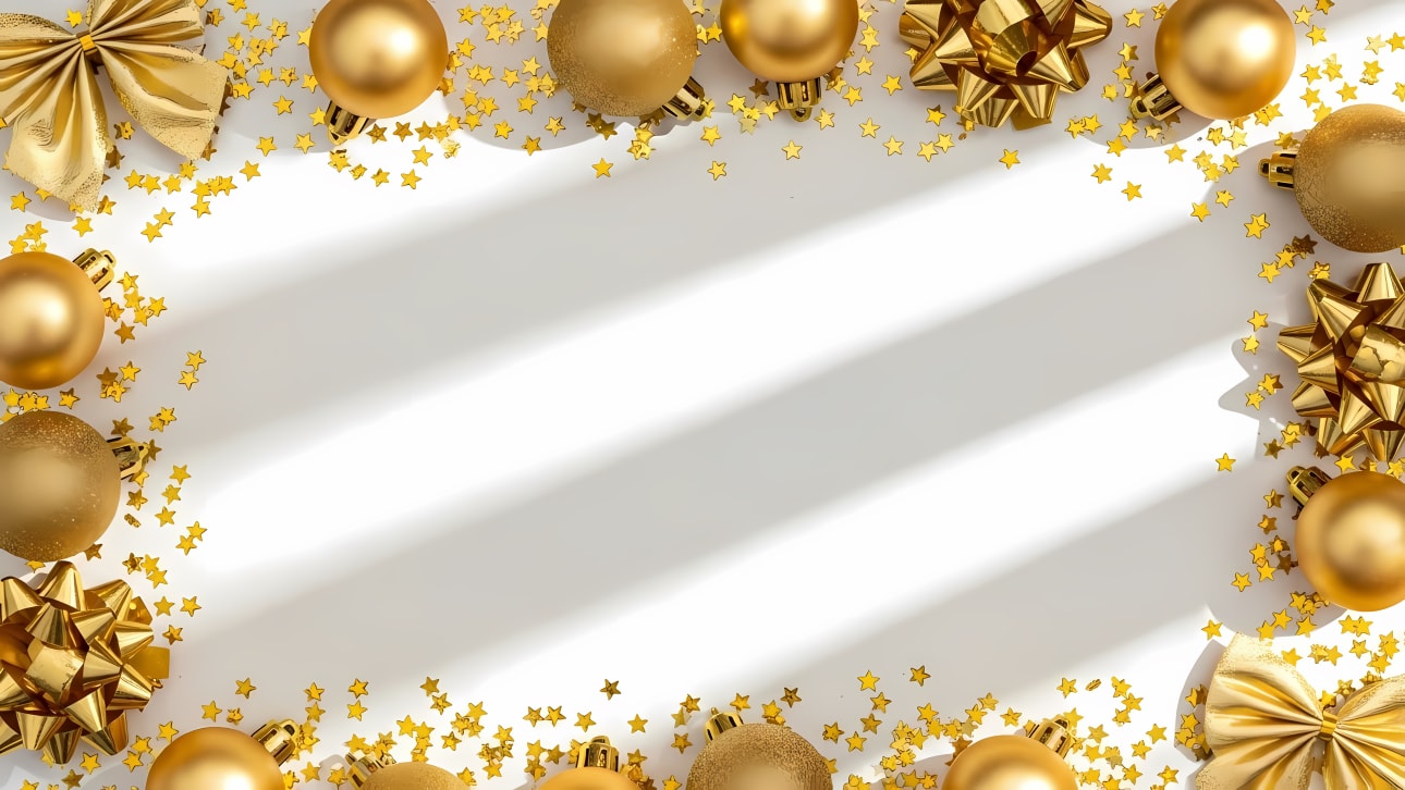 Elegant golden Christmas decorations form a festive frame on a white background with light shadows.
