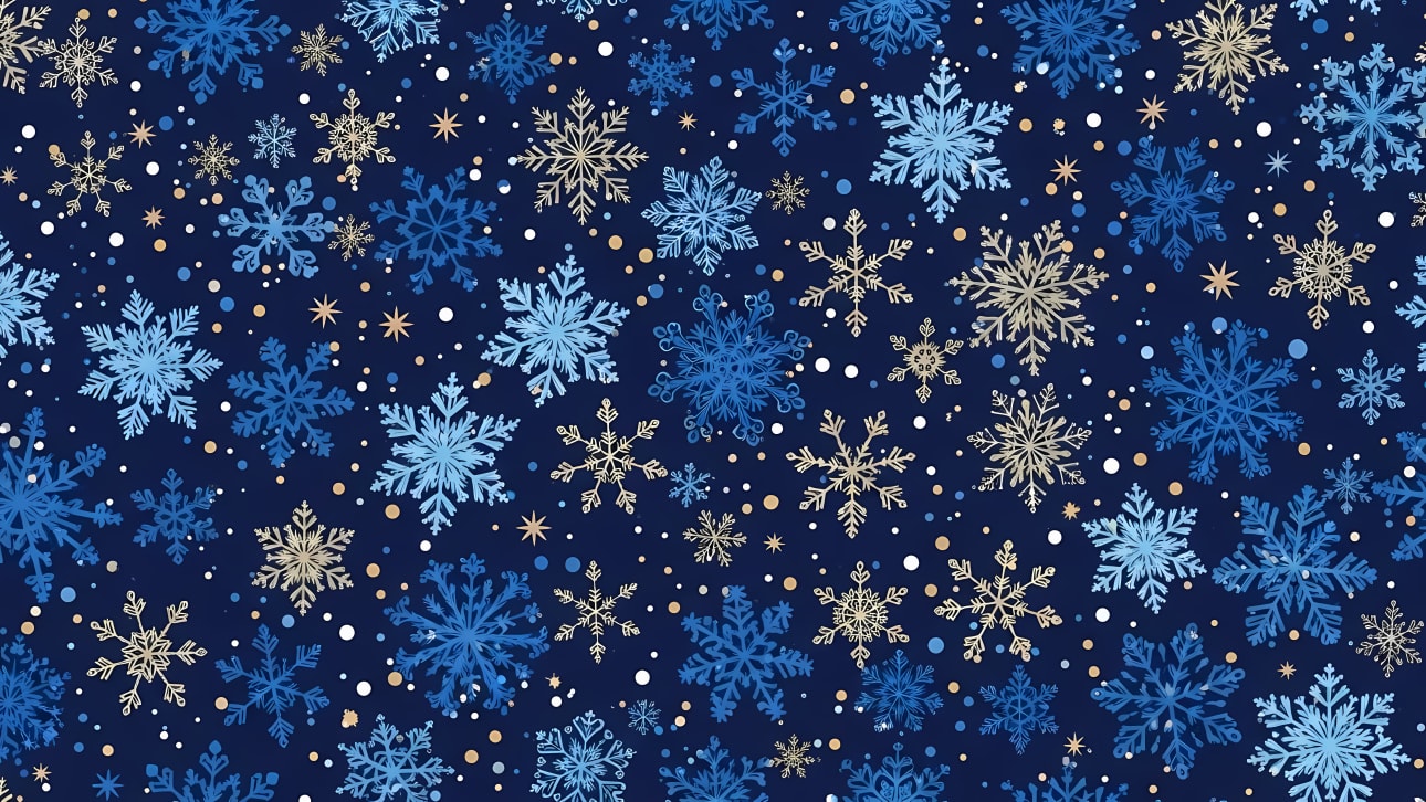 Discover a beautiful seamless pattern with festive blue and gold snowflakes on a dark blue background. Perfect for winter and holiday designs.