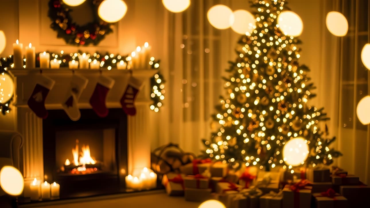 Warm, blurry Christmas scene with a festive tree, fireplace, candles, and gifts. Perfect for holiday backdrops and cozy designs.