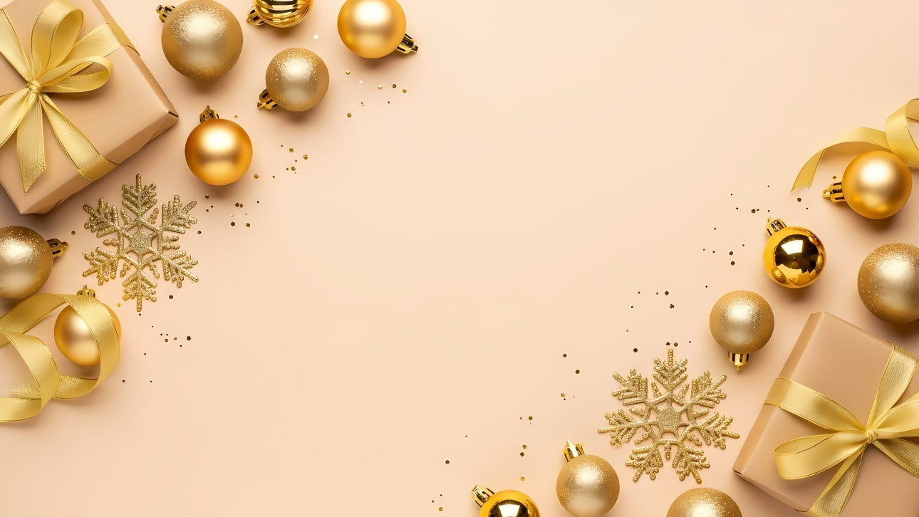 Elegant gold Christmas decorations, gifts, and ornaments frame a blank space on a peach background.