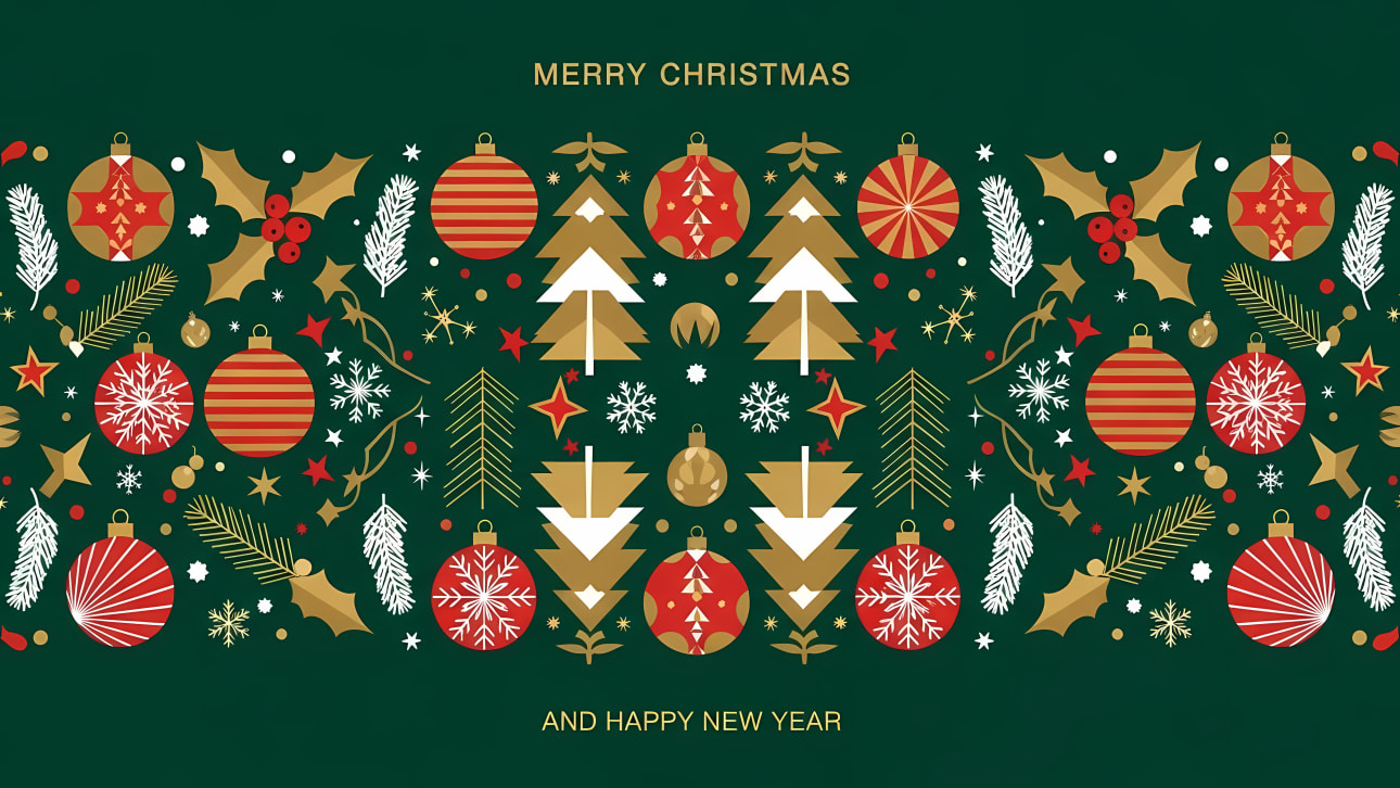 Download this festive Christmas and New Year vector background with elegant ornaments, holly, and pine trees.