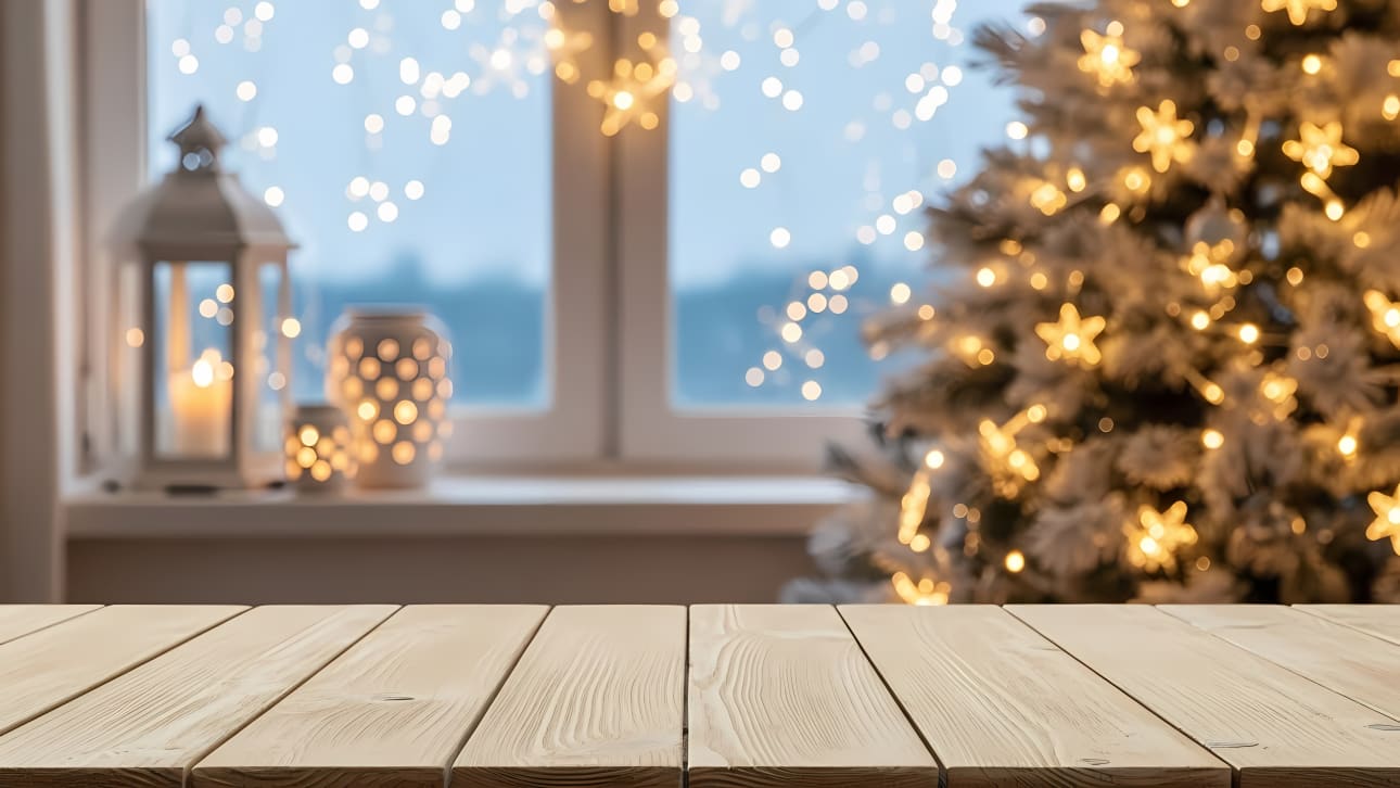 Festive holiday background with a cozy wooden table, blurred Christmas tree, and window lights.