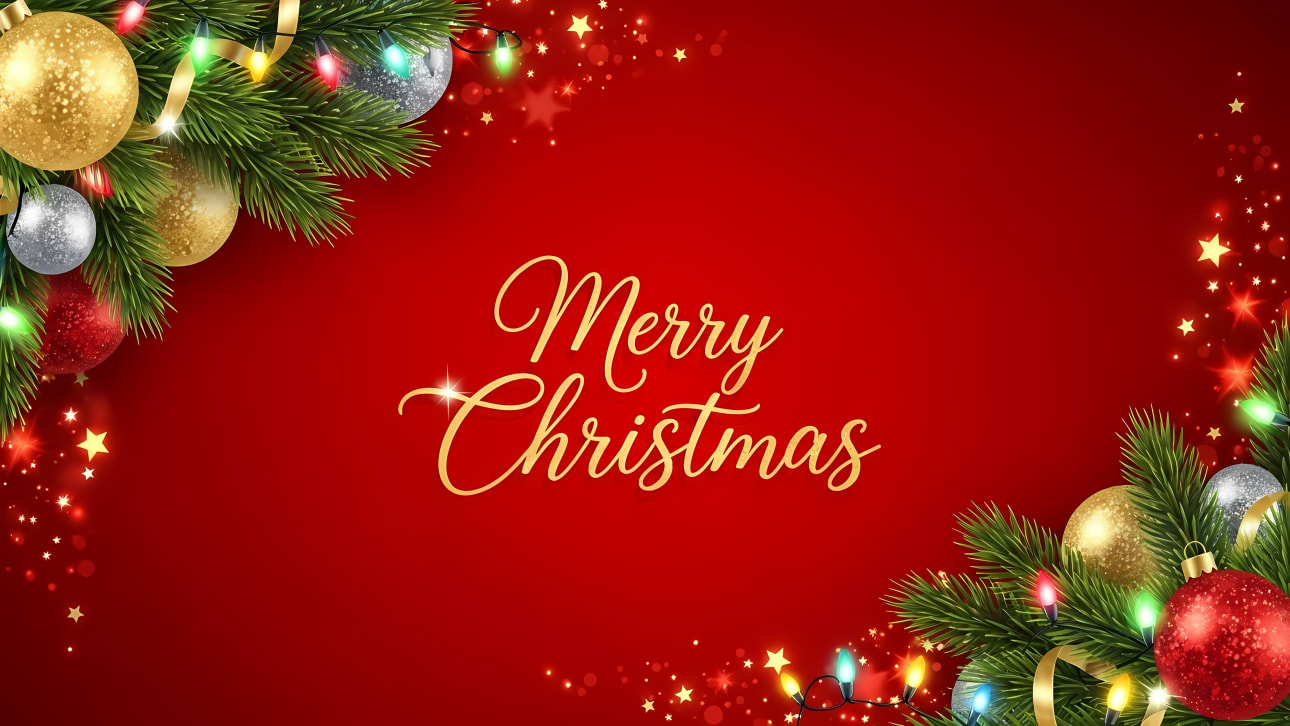Festive Merry Christmas background with pine branches, glittery ornaments, colorful lights, and golden stars on a vibrant red backdrop.