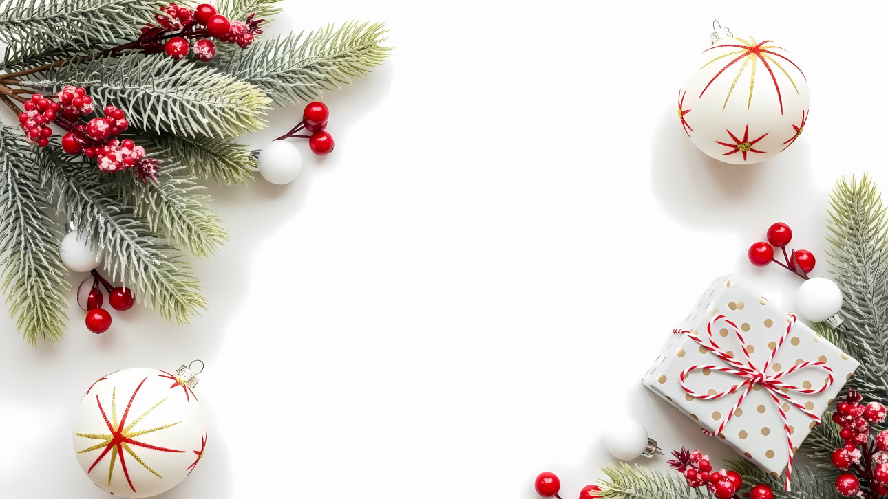 Discover a beautiful Christmas background with festive pine, berries, gift, and ornaments. Perfect for holiday greetings and designs.