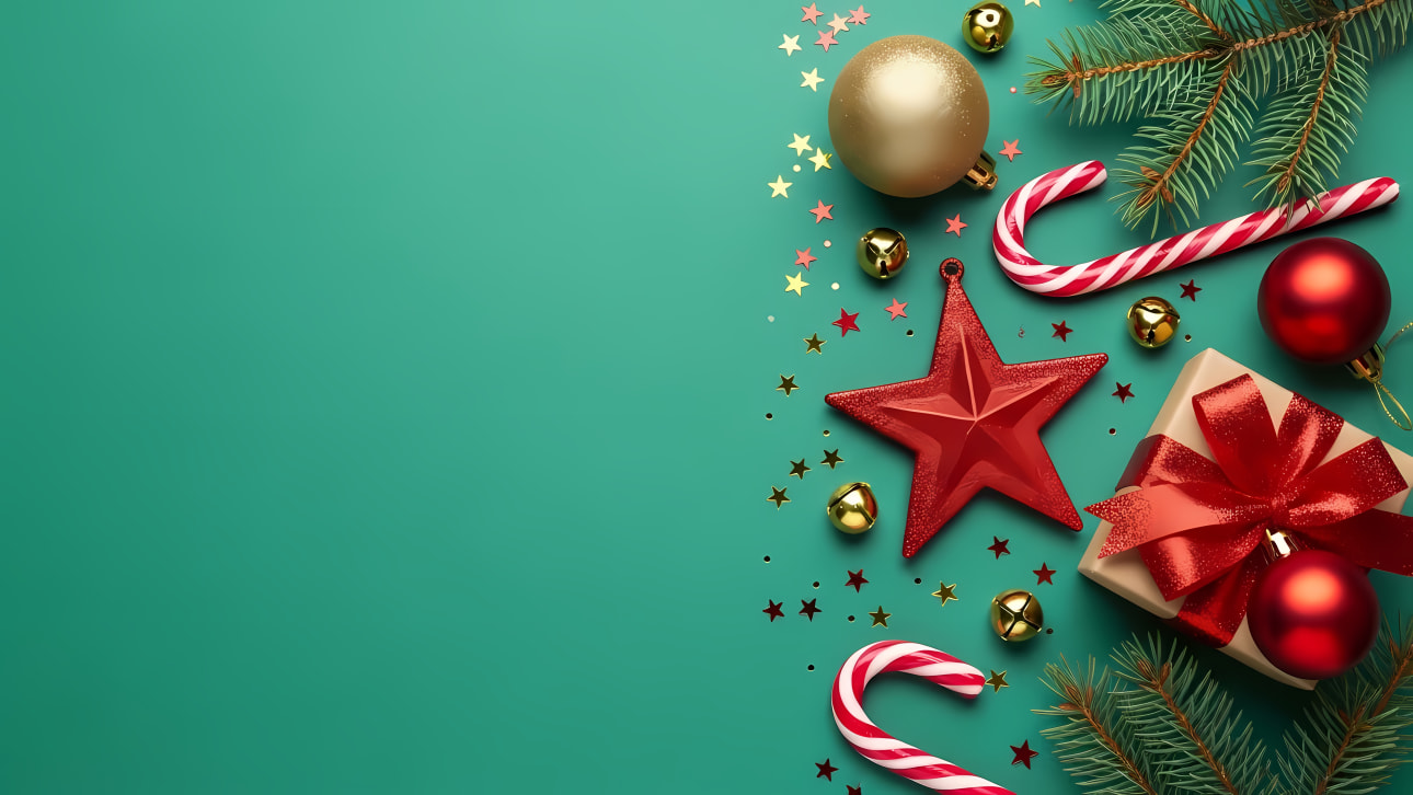 Festive Christmas decorations on a vibrant green background, perfect for holiday greetings or promotions.