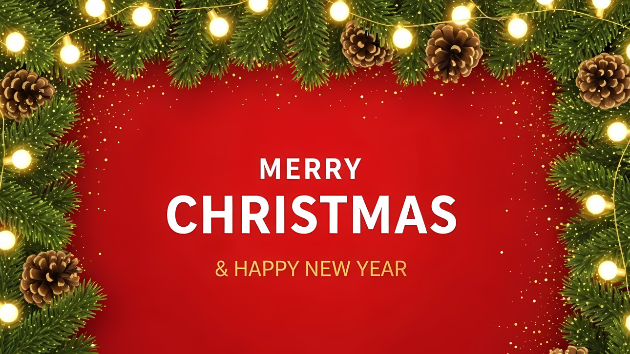 Download this festive Merry Christmas and Happy New Year vector background featuring pine branches, pinecones, and glowing fairy lights on a red 