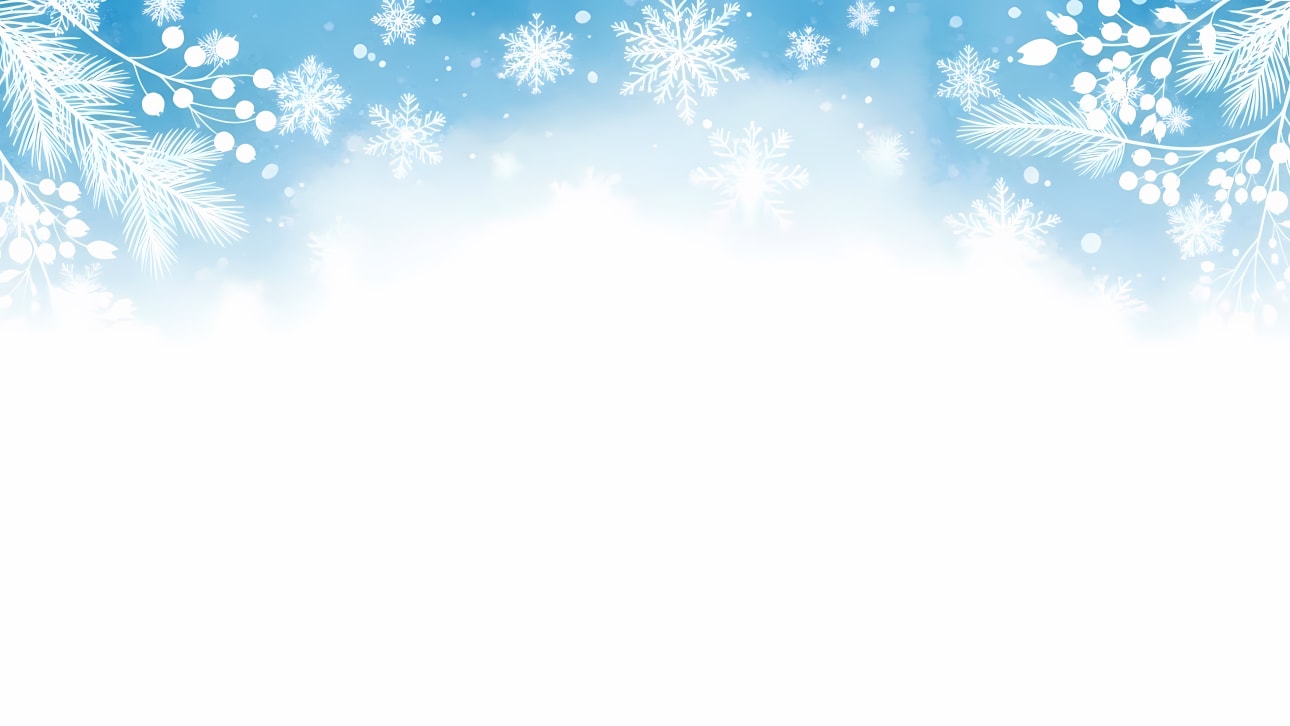 Download this elegant winter background featuring delicate snowflakes, pine branches, and white berries on a soft blue backdrop.
