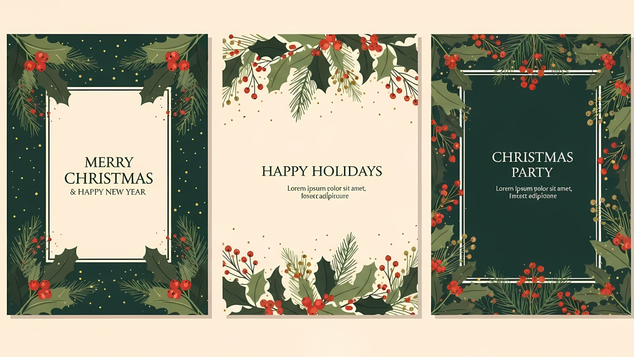 Download this free vector set of festive Christmas and Holiday cards featuring elegant holly, pine, and berry designs.