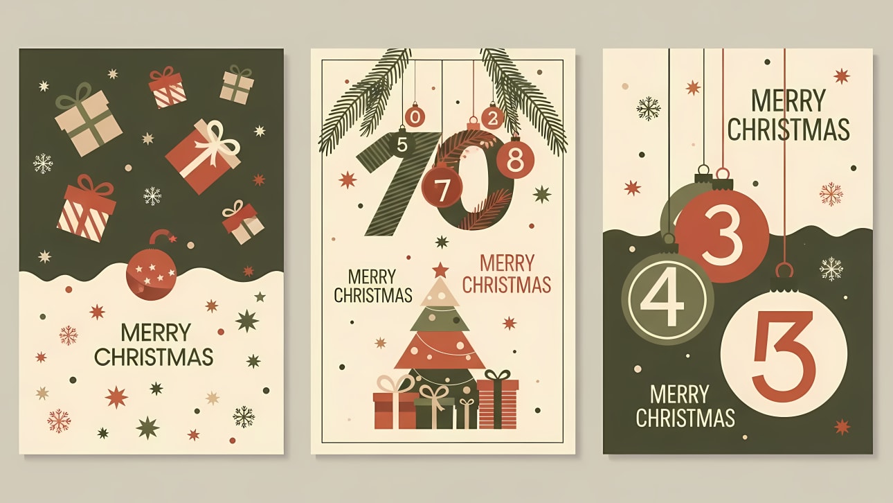 Download a charming set of three vintage Christmas posters featuring advent calendar elements, gift boxes, and festive ornaments in a retro color