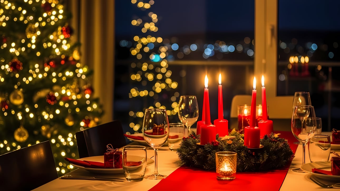 Elegant Christmas dinner table with lit Advent candles, place settings, and a blurred tree. Perfect for holiday marketing & designs.