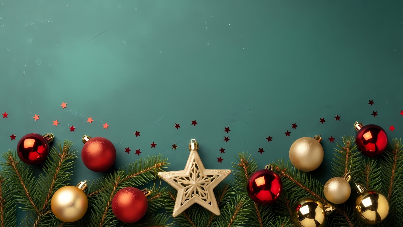 Festive Christmas background with red and gold baubles, evergreen branches, and a star on a teal backdrop.