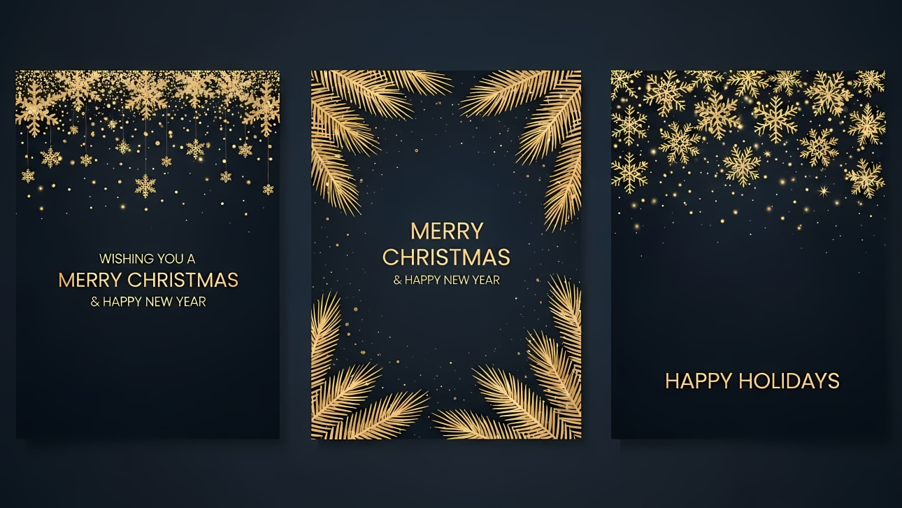 Download this elegant set of three golden Christmas and New Year cards.