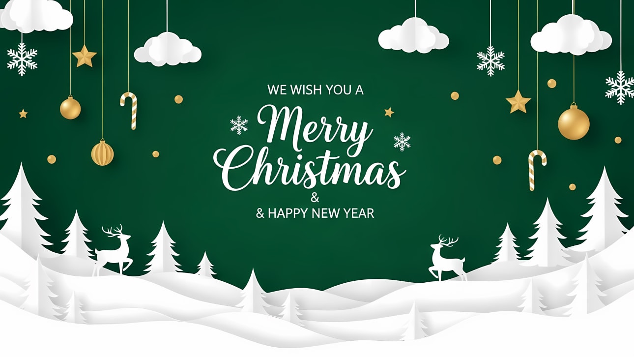 Festive paper cut Christmas and New Year vector background with snow, trees, deer, and ornaments on a dark green backdrop.