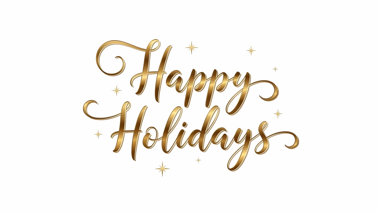 Elegant golden 'Happy Holidays' script with shimmering stars on a white background. Perfect for festive greetings, cards, and holiday designs.