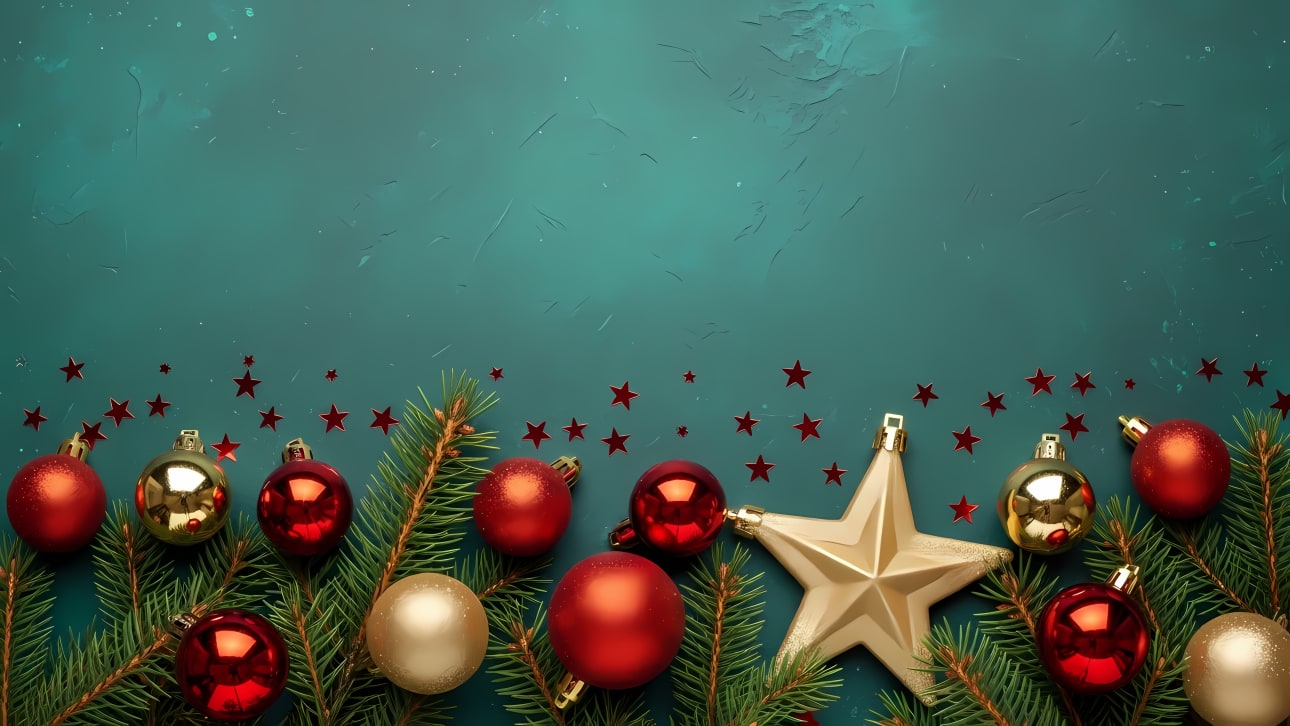 Festive Christmas border with red and gold ornaments, pine branches, and confetti stars on a teal background. Perfect for holiday greetings.