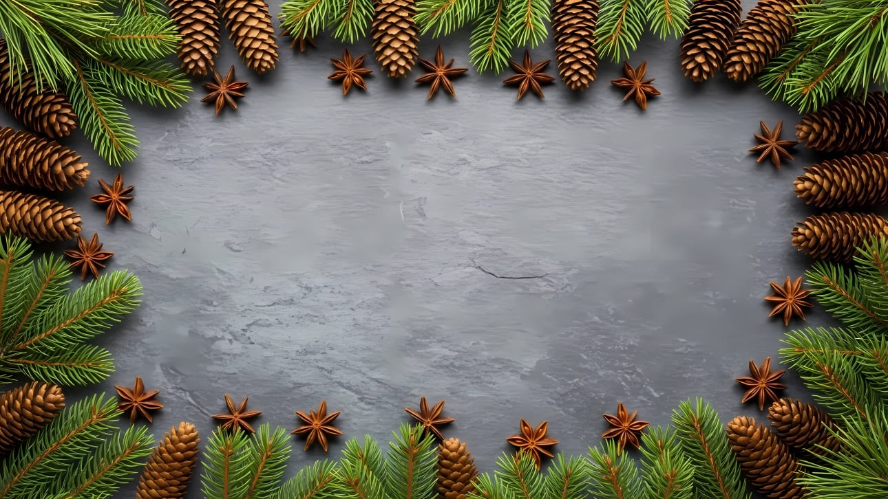 Create stunning holiday designs with this festive frame featuring realistic pine branches, natural pinecones, and aromatic star anise on a textur