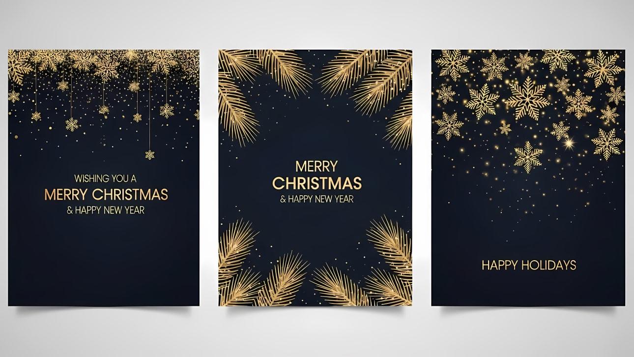 Elegant set of three golden Christmas and New Year greeting card templates on a dark background. Features glitter, snowflakes, and pine branches.