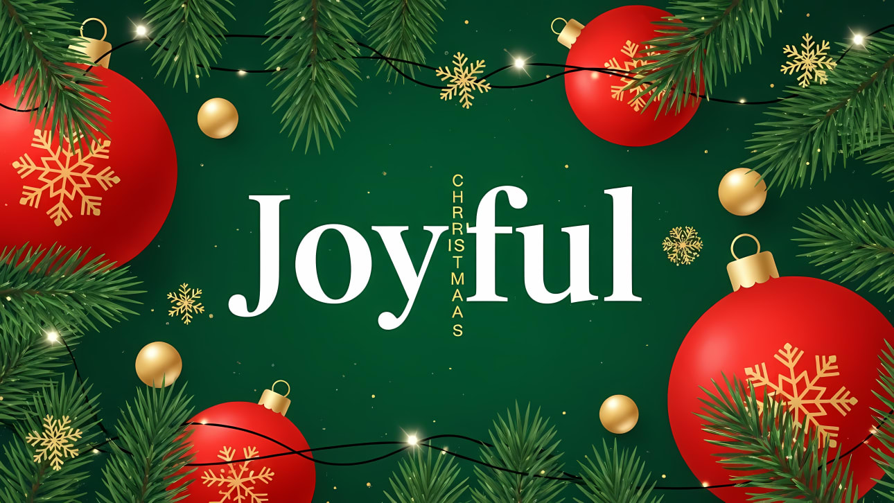 A festive 'Joyful Christmas' vector background with pine branches, red ornaments, golden snowflakes, and twinkling lights.