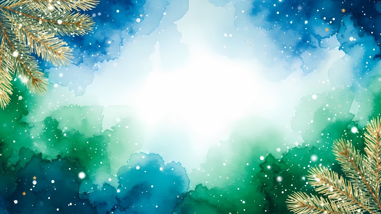Abstract watercolor background with golden pine branches, snow, and a vibrant blue and green gradient.