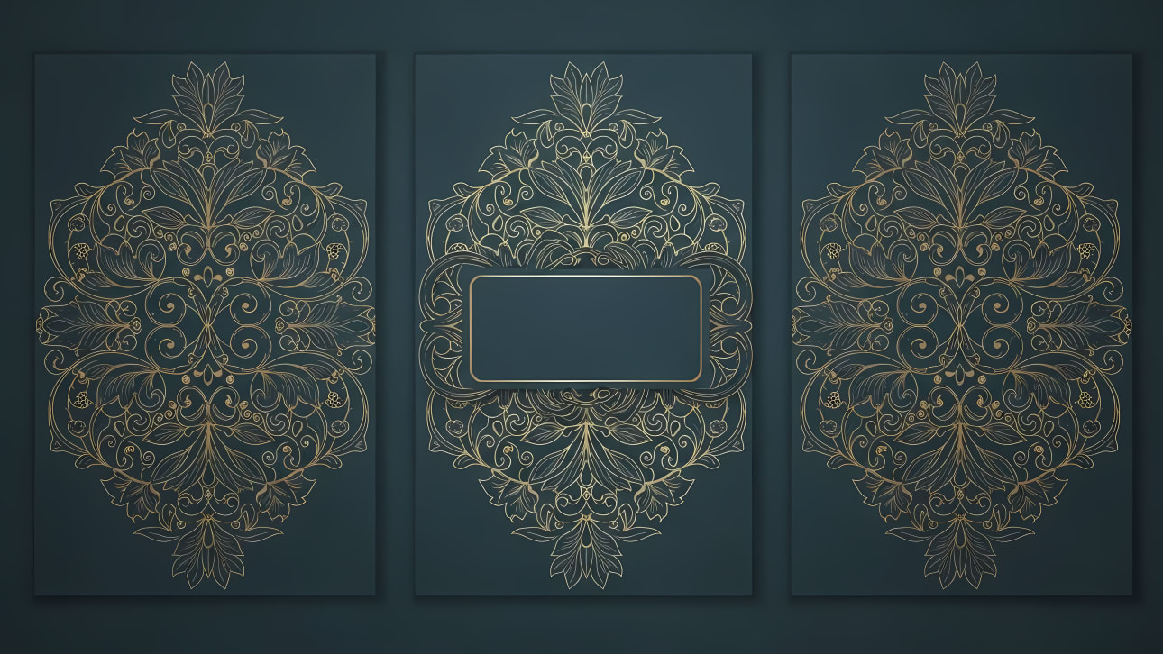 Download this elegant free vector featuring three dark teal panels with intricate golden floral damask patterns and an ornate central frame.