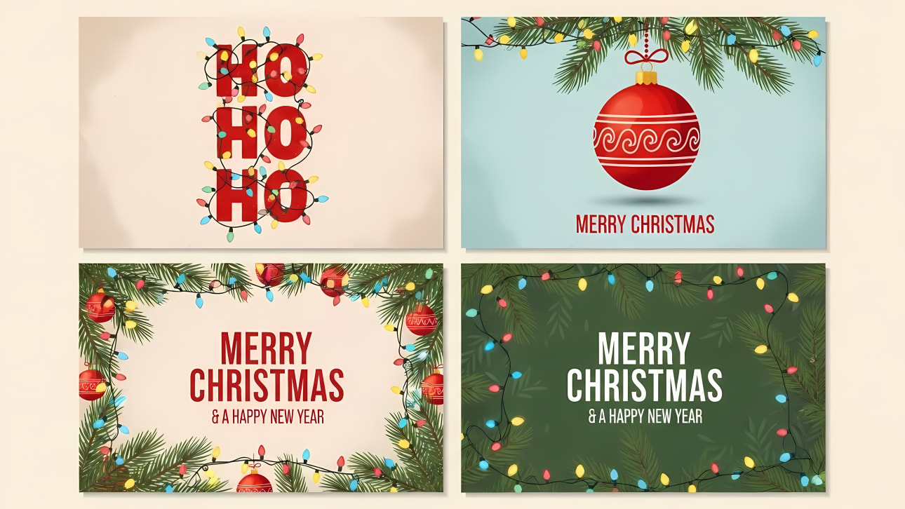 A collection of four festive Christmas and New Year vector cards. Features holiday lights, ornaments, pine branches, and classic greetings.