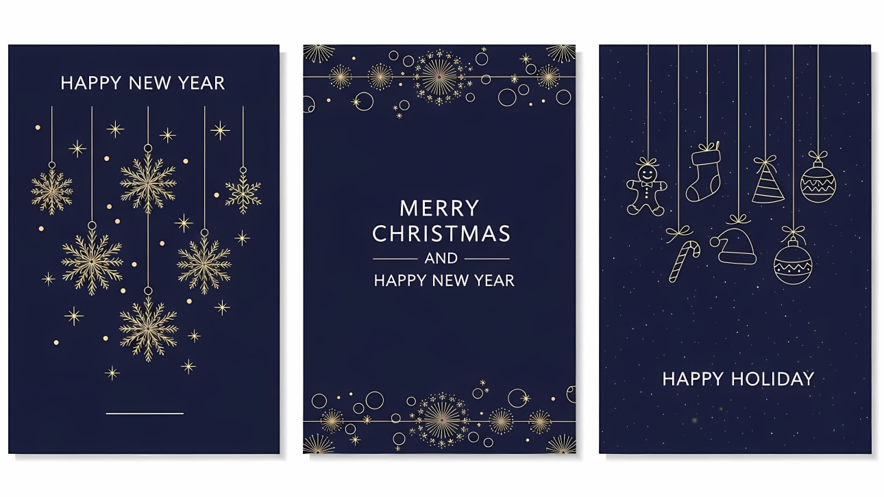Download these elegant holiday cards featuring festive Christmas and New Year designs in gold and blue. Perfect for season's greetings.