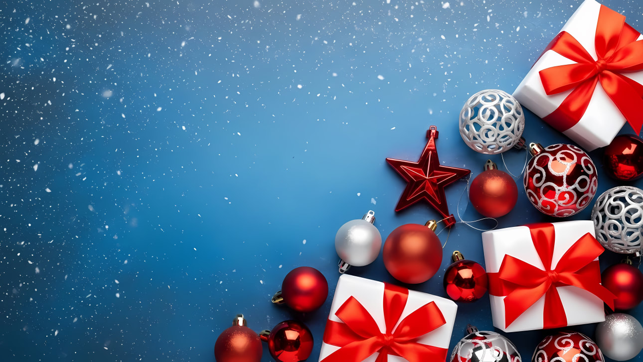 Celebrate the holidays with this festive background featuring red and silver Christmas ornaments, gifts, and falling snow on blue.