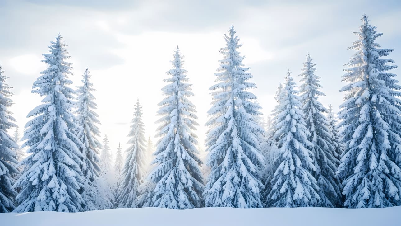 Stunning winter landscape with snow-covered fir trees and a bright, ethereal sky.