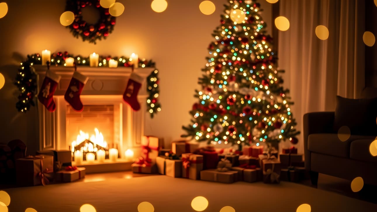 Capture the cozy magic of Christmas with this blurred image of a festive fireplace, twinkling tree, and gifts.