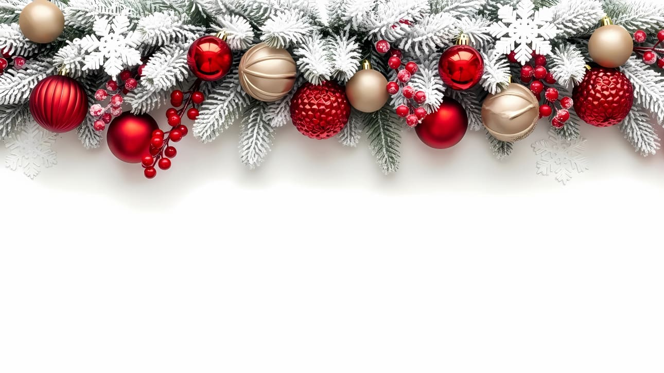 Download this elegant Christmas border featuring frosted pine branches, red and gold ornaments, and berries on a crisp white background.