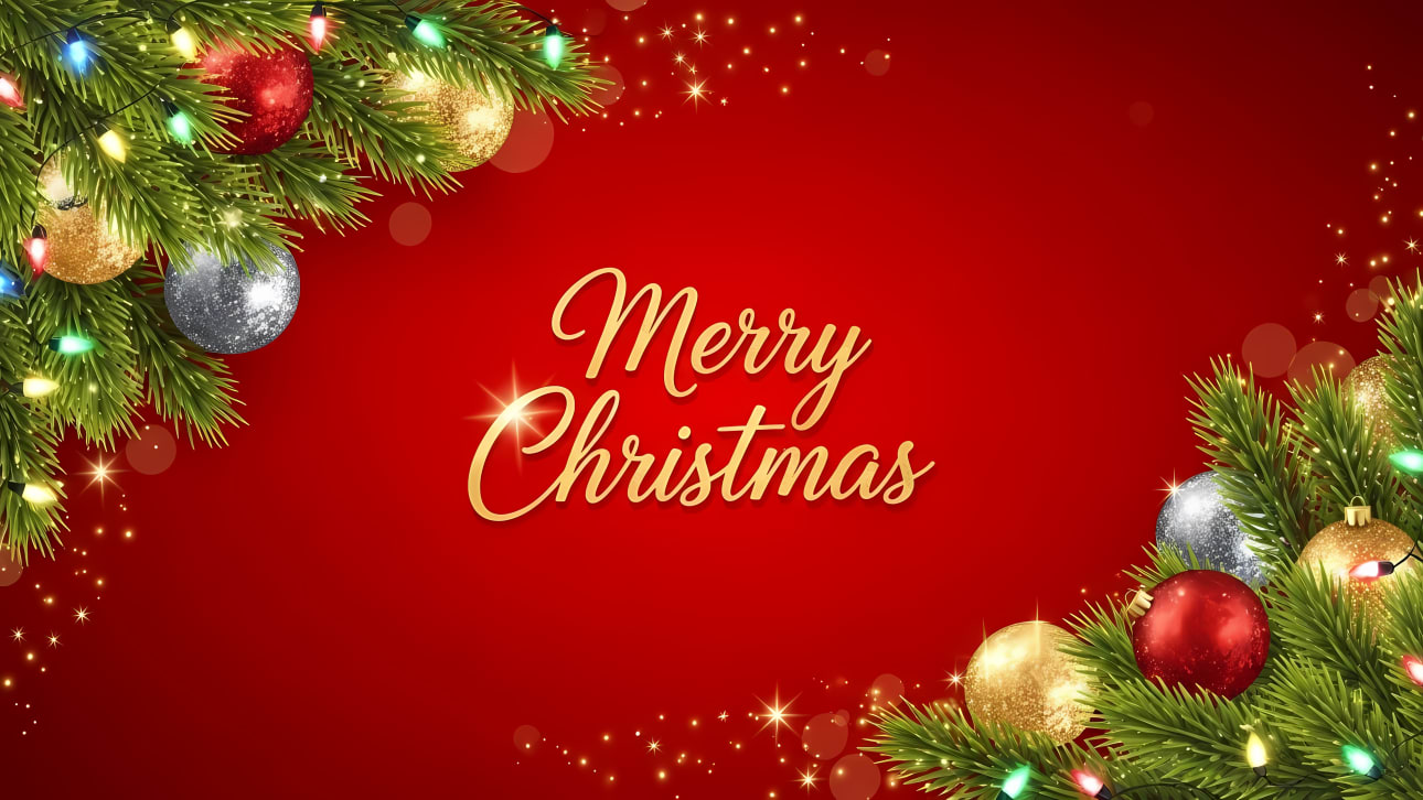 Download this festive Merry Christmas background vector, featuring pine branches, colorful lights, and sparkling baubles on a red backdrop.