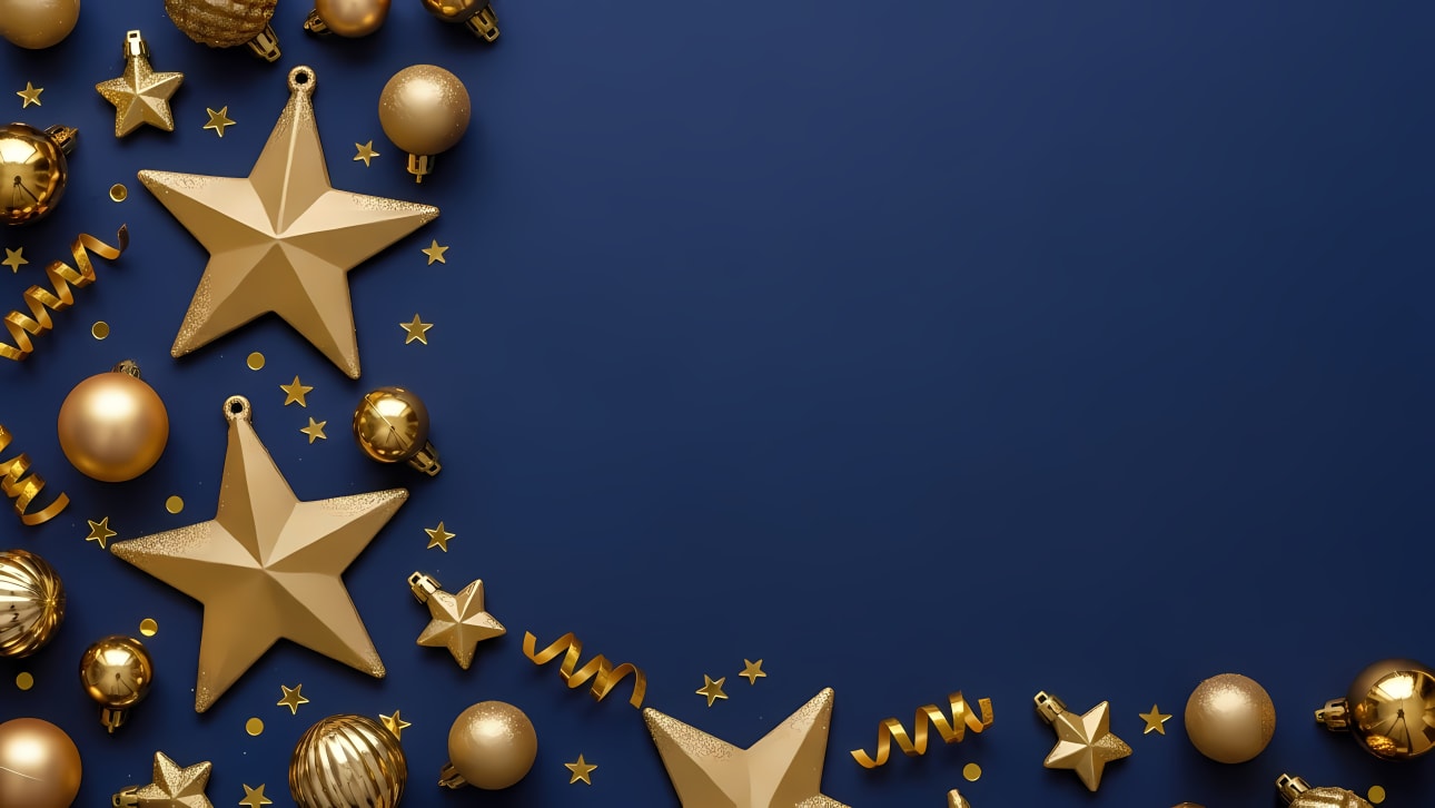 Download this elegant festive background featuring golden Christmas ornaments, stars, and ribbons on a classic blue.