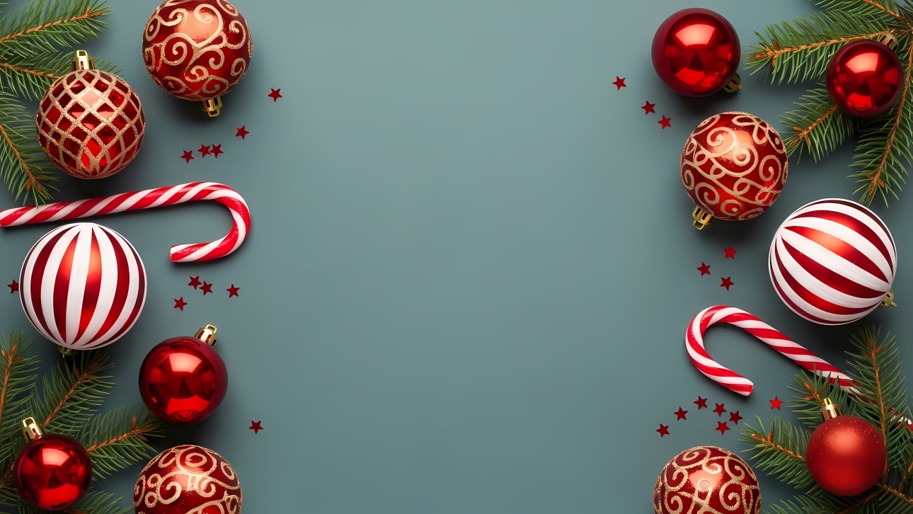 Festive Christmas background featuring red ornaments, green pine branches, and candy canes on a blue-green backdrop. Perfect for holiday designs.