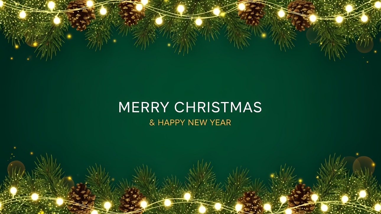 Festive Christmas and New Year background featuring pine branches, glowing string lights, and pine cones on a deep green backdrop.