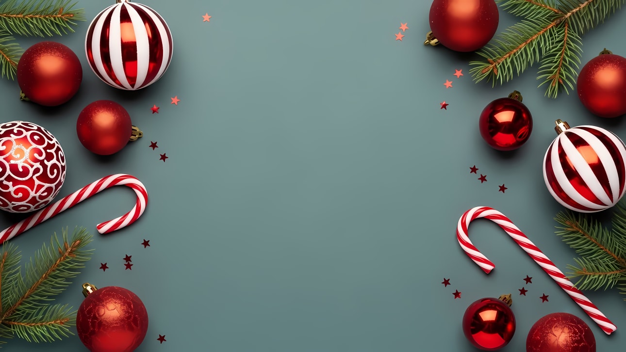 Festive Christmas background with red and white ornaments, candy canes, and evergreen branches on a teal backdrop.