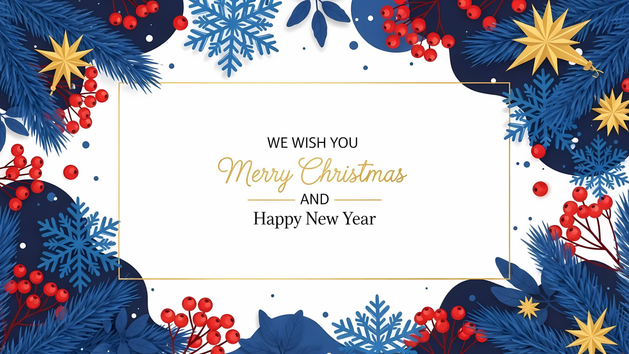 Elegant Christmas and New Year greeting card free vector template with festive fir branches, red berries, golden stars, and snowflakes.