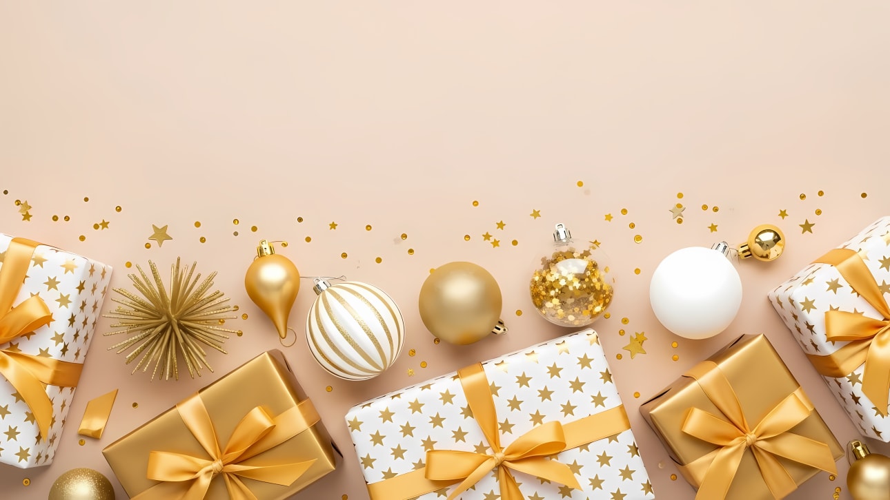 Celebrate the holidays with elegant golden Christmas gifts, baubles, and confetti on a neutral background.